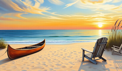 Beach sunset with a wooden canoe on a sandy shore, Adirondack chair by the ocean waves under a colorful sky at golden hour, coastal grass adds to the tranquil summer evening view