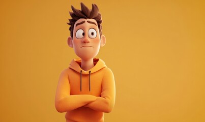 Thoughtful Young Adult Man in Orange Hoodie Contemplating Doubtful Expression 3D Cartoon Character Light Background Concept Human Emotions and Expressions, Generative AI