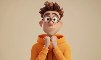 Thoughtful Young Adult Man in Orange Hoodie Contemplating Doubtful Expression 3D Cartoon Character Light Background Concept Human Emotions and Expressions, Generative AI