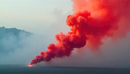Dramatic Red Smoke Flare Against Misty Landscape: Exploring the Environmental Impact and Visual Significance
