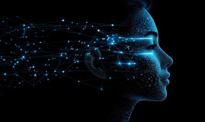 Artificial Intelligence Digital Face with Glowing Neural Networks and Data Connections in Futuristic Technology Concept, Generative AI