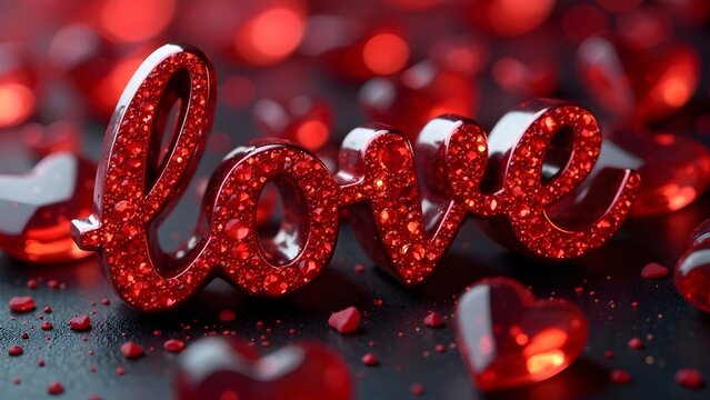 Red Love Lettering with Crystals. Valentine's Day Card