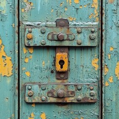Rusty teal door latch with yellow flaking paint details, close up view, Generated AI