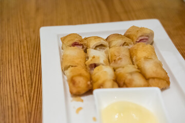 Fried spring roll served on plate, Thai food.