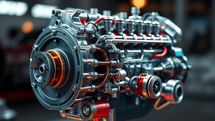Fototapeta premium Detailed 3D Engine Rendering: Power, Ignition, Cooling, Lubrication, Exhaust