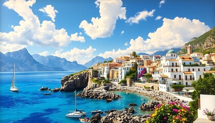 Naklejka premium A picturesque Mediterranean coastal town with vibrant architecture, azure sea, rocky shorelines, and a tranquil bay, set against a dramatic mountain backdrop