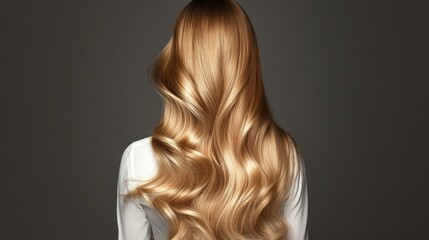 Fototapeta premium Woman's long blonde wavy hair, studio shot, grey background, hair care ad