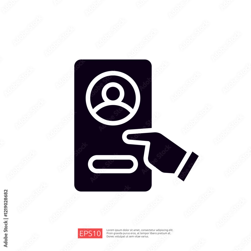 Poster an illustration of a user profile interface with a hand pointing at it, suggesting interaction or se