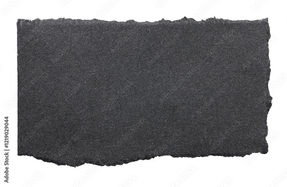 Poster isolated cut out torn piece of blank black paper note cardboard with texture and copy space for text
