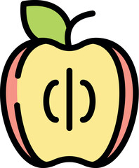 Half apple showing seeds and leaf with stem in simple cartoon style