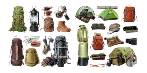 Hiking Gear and Camping Equipment Collection,PNG set collection, isolated on transparent background