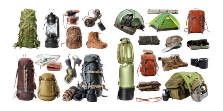 Hiking Gear and Camping Equipment Collection,PNG set collection, isolated on transparent background