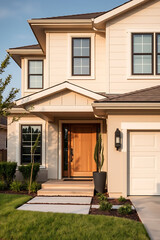 Fototapeta premium Modern House Exterior: Contemporary Home Design and Architecture. Luxury Real Estate Property with Beautiful Landscaping