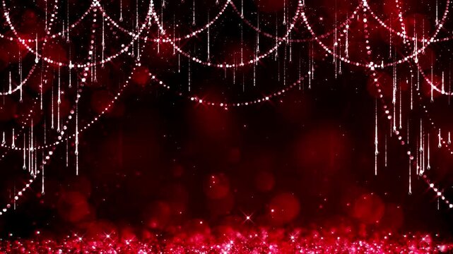 Beautiful luxury red Crystal Beads Curtain. Chain Hanging Ornament. stardust particles trails falling. bokeh glowing on space floor. Digital Art. Modern background. motion design. Loopable. LED.4K