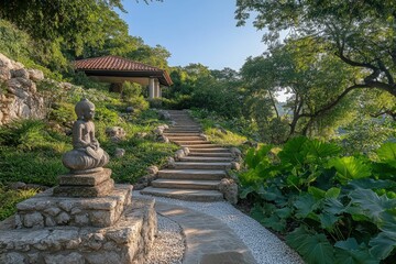 Serene Buddha Garden Path with Steps and Pavilion under lush green trees, Generated AI