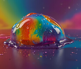 A 3D blob of semi-transparent, gooey slime, with bubbles trapped inside and a glossy, stretchy texture. The blob wiggles slightly and is set on a glossy surface with a fun, colorful background. 