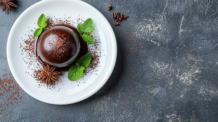 Minimalist flat lay of a chocolate ball cake with mint leaves and star anise on a white plate, top view, against a stone background, with copy space for text, a close-up shot, and macro photography. -