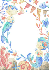 Mermaid little boy and girl with sea corals, algae, shells, starfish, fish, bubbles. Watercolor illustration hand drawn in coral, turquoise and blue colors. rectangular vertical frame template