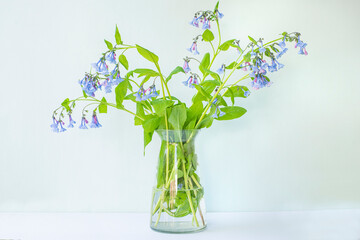 delicate bouquet of flowers in a glass vase on a light background. soft sunlight,