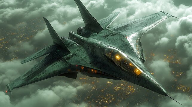 Stealth Fighter Jet Soaring Above City Lights