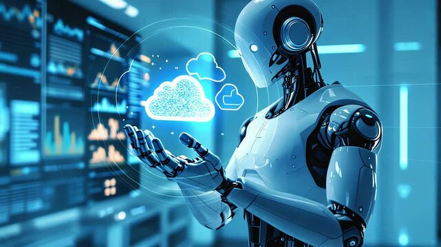 A futuristic robot interacting with a holographic cloud symbol in a tech environment.