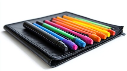 Naklejka premium A set of colored markers and a sketchbook on a white isolated background