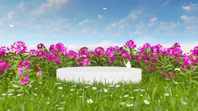 3D Beautiful luxury white podium. many white butterfly on flower garden. cloudy and bright blue sky at days background. Computer animation. Modern background. motion design. Loopable. LED.4K