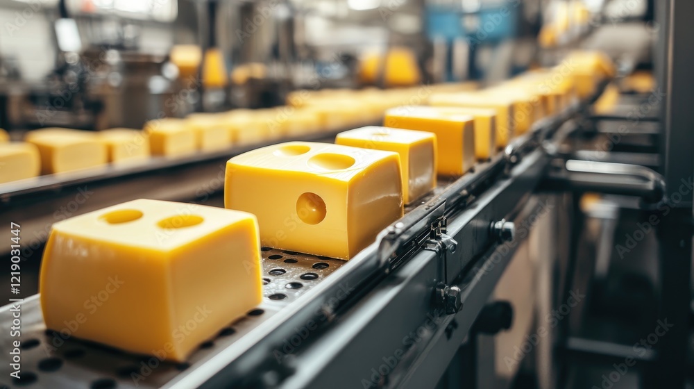 Poster a processing line in a dairy factory producing blocks of cheese.