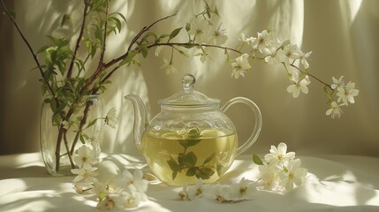 A minimalistic composition featuring a glass teapot filled with green herbal tea, surrounded by delicate white flowers and green branches
