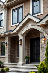 Luxury Home Exterior: Modern Brick House with Elegant Entrance and Landscaping