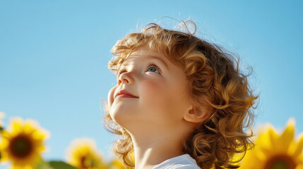 Fototapeta premium Sun-Kissed Wonder: A child's face radiates pure joy and wonder as they gaze up at the boundless blue sky, surrounded by a field of vibrant sunflowers.