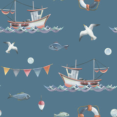 Watercolor illustration on the theme of sea fishing with a seamless pattern. Boat, lighthouse, fishing lodge, seagulls, flags, barrel, steering wheel, anchor, lifebuoy. For fabric, print, wallpaper.