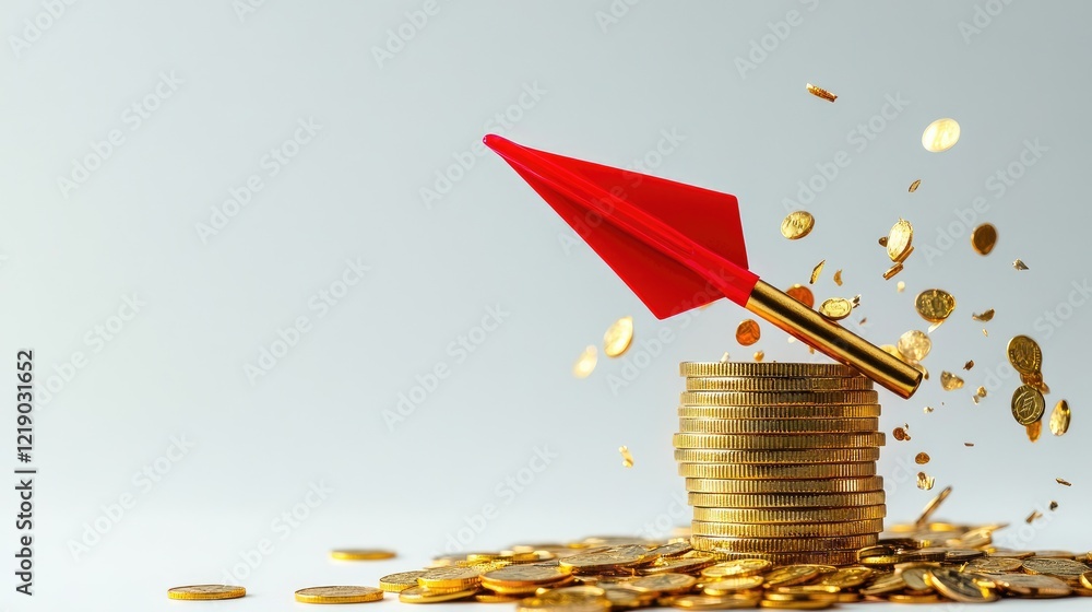 Poster a red arrow crashing through a stack of gold coins on a plain white surface.