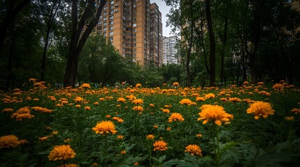 Obraz premium Vibrant Orange Flowers Blooming in City Park