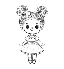 Cute Hand-Drawn doll Illustration Decoration in Black and White Style. Line Art Drawing for Coloring and Kids' Creative Activities