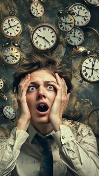 Time pressure and deadline stress concept, stressed businessman surrounded by floating clocks, symbolizing anxiety, burnout, workload, productivity pressure, and fast-paced modern corporate life