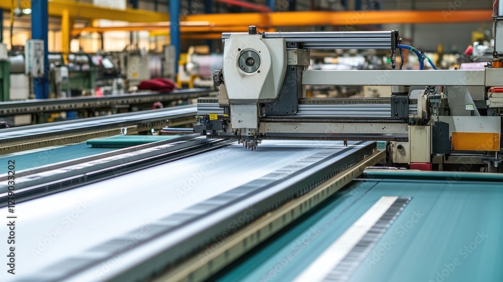 Poster a shot of precision cutting machines in a modern textile processing unit.