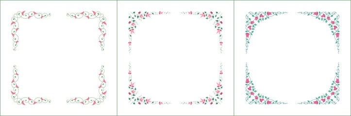 Set of three elegant green vegetal ornamental frame with pink flowers, decorative border. Isolated vector illustration