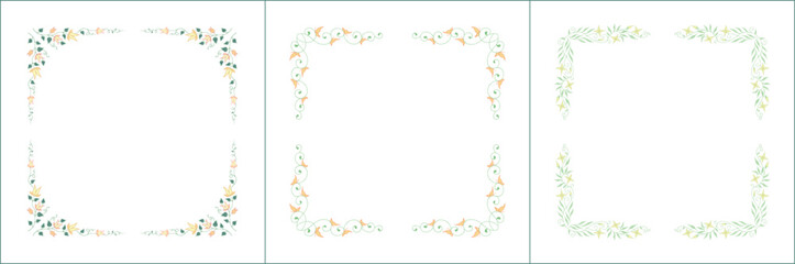 Set of three elegant green vegetal ornamental frame with yellow flowers, decorative border. Isolated vector illustration