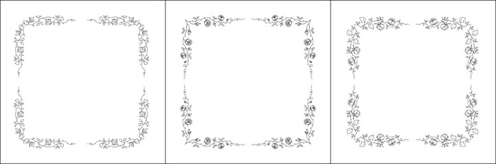 Set of three vector decorative frames, vegetal ornamental frame with rose flowers, decorative border, corners, black and white. Isolated vector illustration.