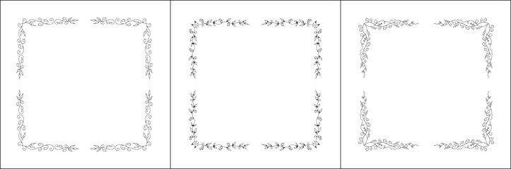 Set of three vector decorative frames, vegetal ornamental frame with flowers, decorative border, corners, black and white. Isolated vector illustration.