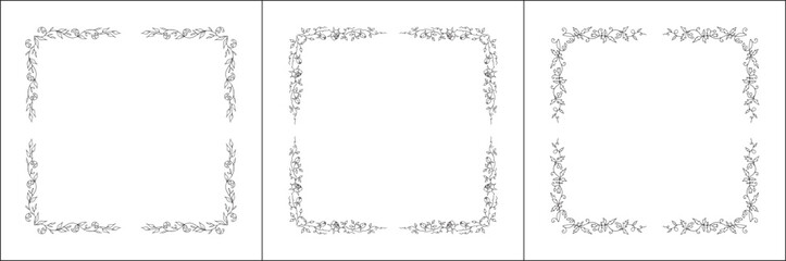 Set of three vector decorative frames, vegetal ornamental frame with flowers, decorative border, corners, black and white. Isolated vector illustration.