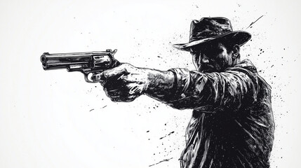 A cowboy pointing his gun, a simple ink drawin