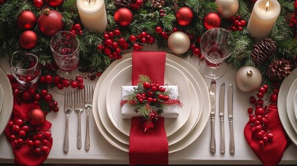 Festive Christmas table setting with red and gold ornaments, candles, and wrapped gift.