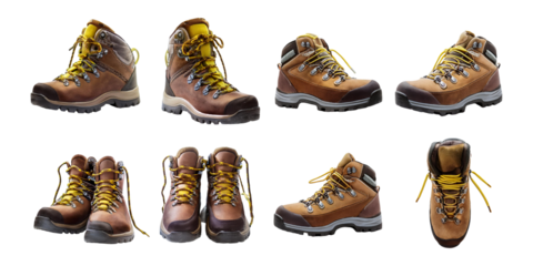 Stylish Hiking Boots with Yellow Laces for Outdoor Adventures, PNG set collection, isolated on transparent background