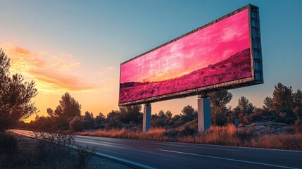 Large digital billboard displaying an advertisement against a colorful sunset sky on a highway.
