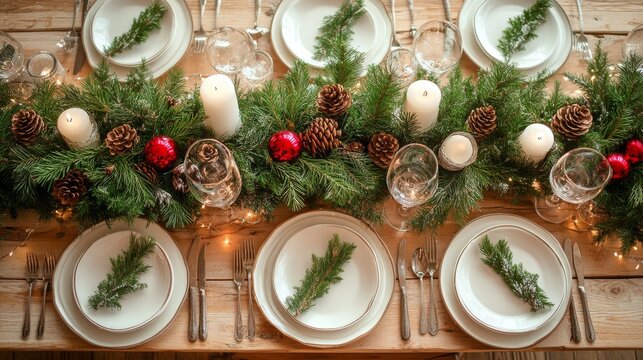Festive Christmas table setting with evergreen garland, candles, and red ornaments.