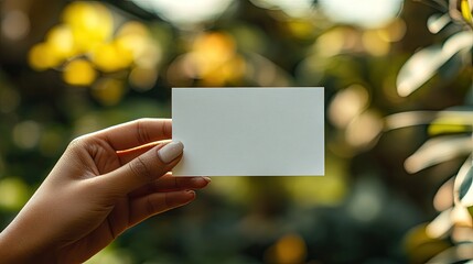 Woman's hand holding blank white card, nature background.