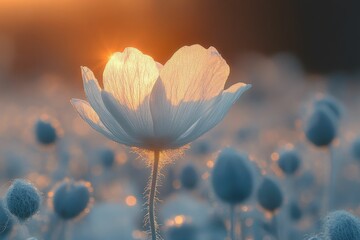 Fototapeta premium Sunlit white flower at dawn, ethereal bokeh effect, delicate bloom, serene field. Generated AI