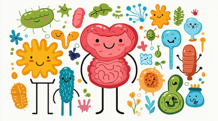 Probiotic illustration, Colorful cartoon-style microorganisms with smiling faces, including bacteria and other tiny creatures, surrounded by flowers and playful elements.